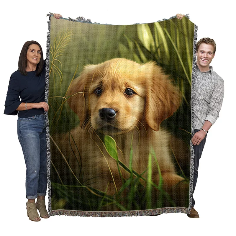 Golden Retriever Puppy in Grass Woven Blanket