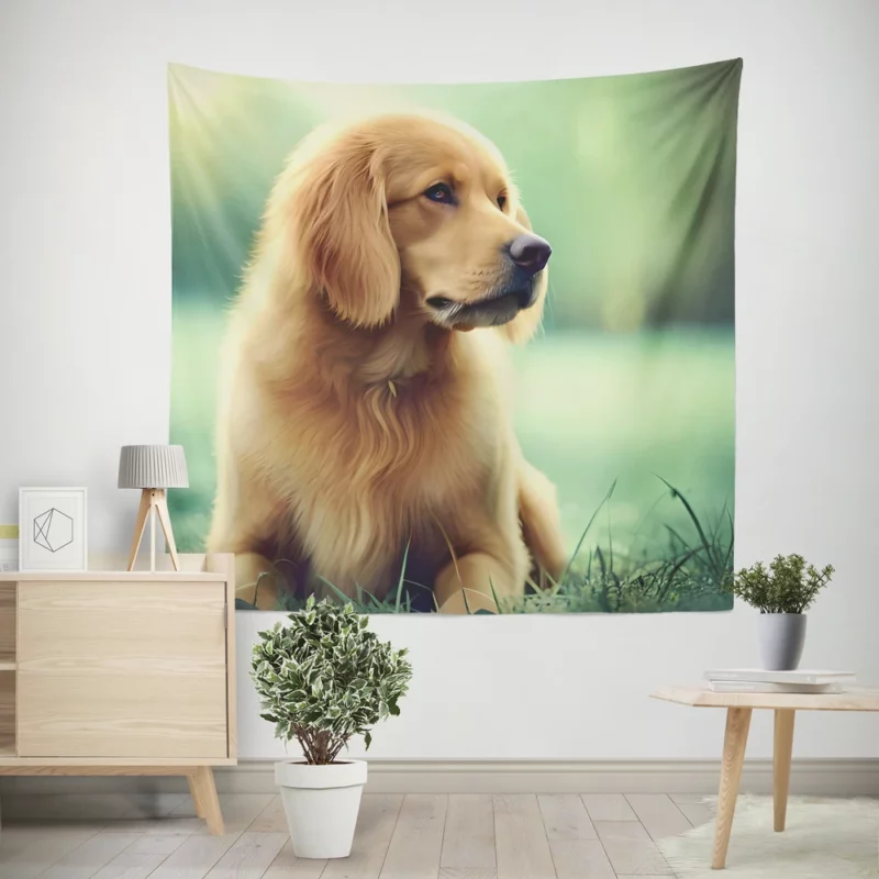 Golden Retriever Sitting in Grass Wall Tapestry