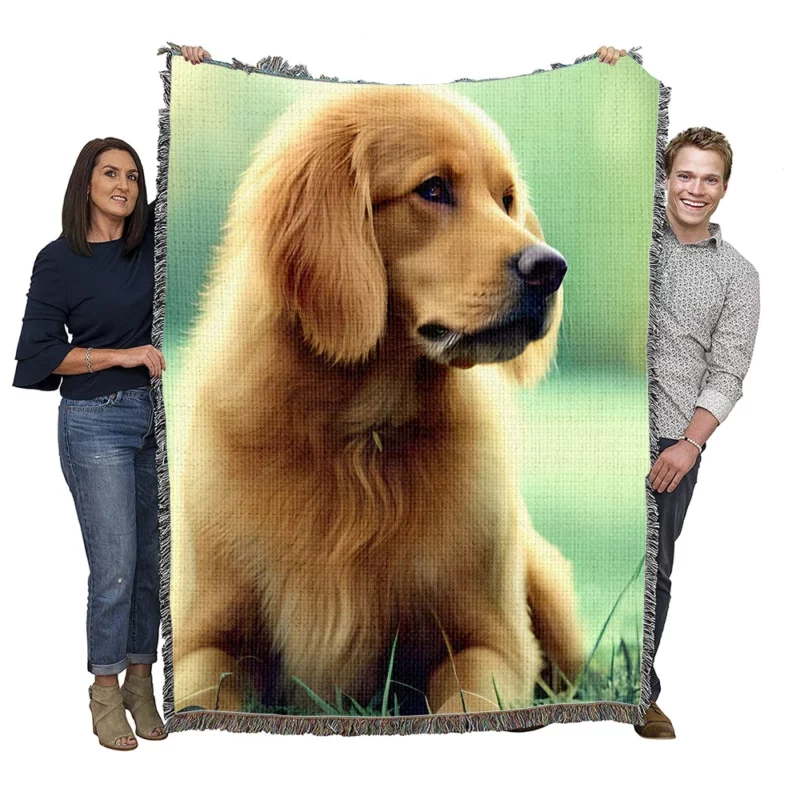 Golden Retriever Sitting in Grass Woven Blanket