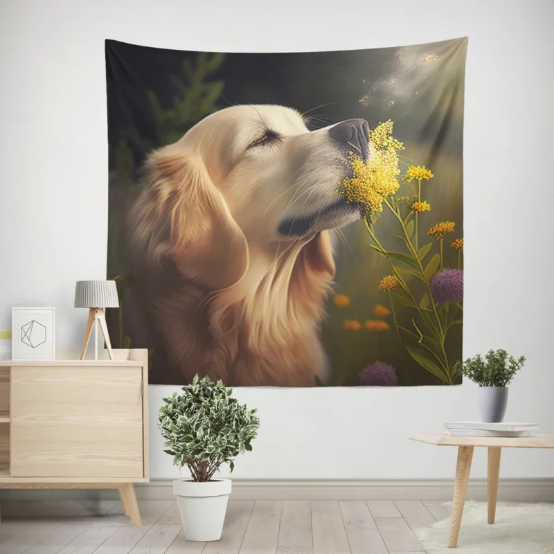 Golden Retriever in Flower Field Wall Tapestry