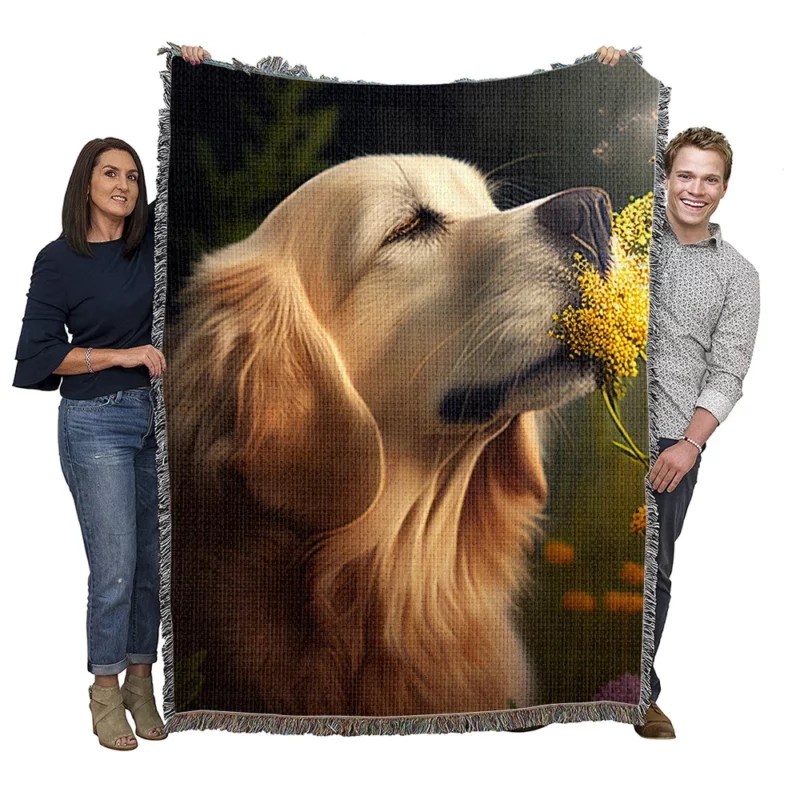 Golden Retriever in Flower Field Woven Blanket