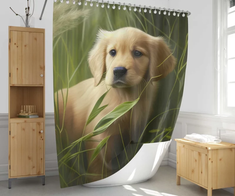 Golden Retriever in Leafy Field Shower Curtain 1