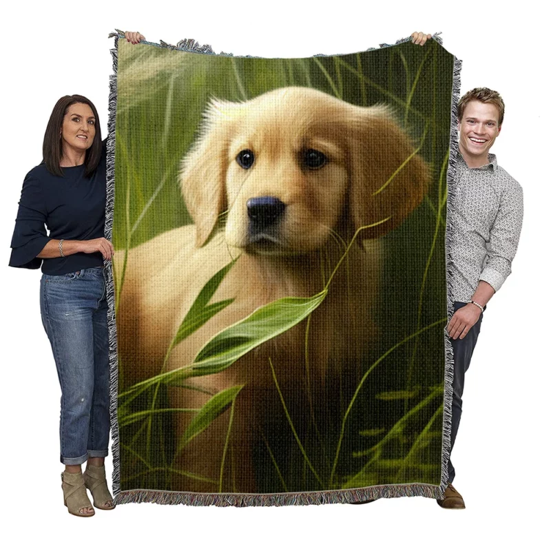 Golden Retriever in Leafy Field Woven Blanket