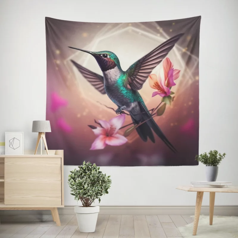 Green Hummingbird With Flower Wall Tapestry