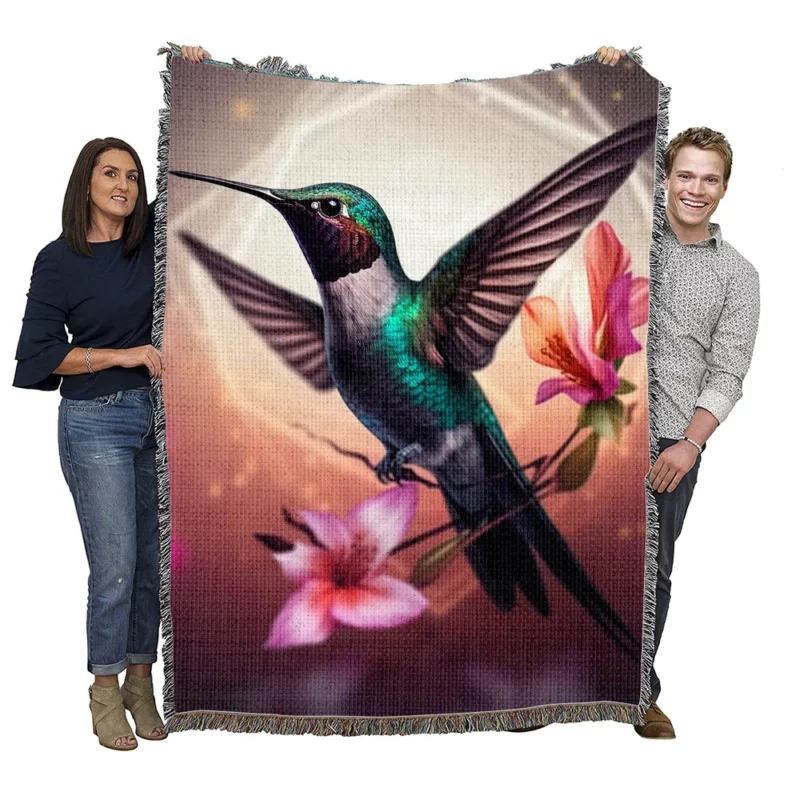 Green Hummingbird With Flower Woven Blanket