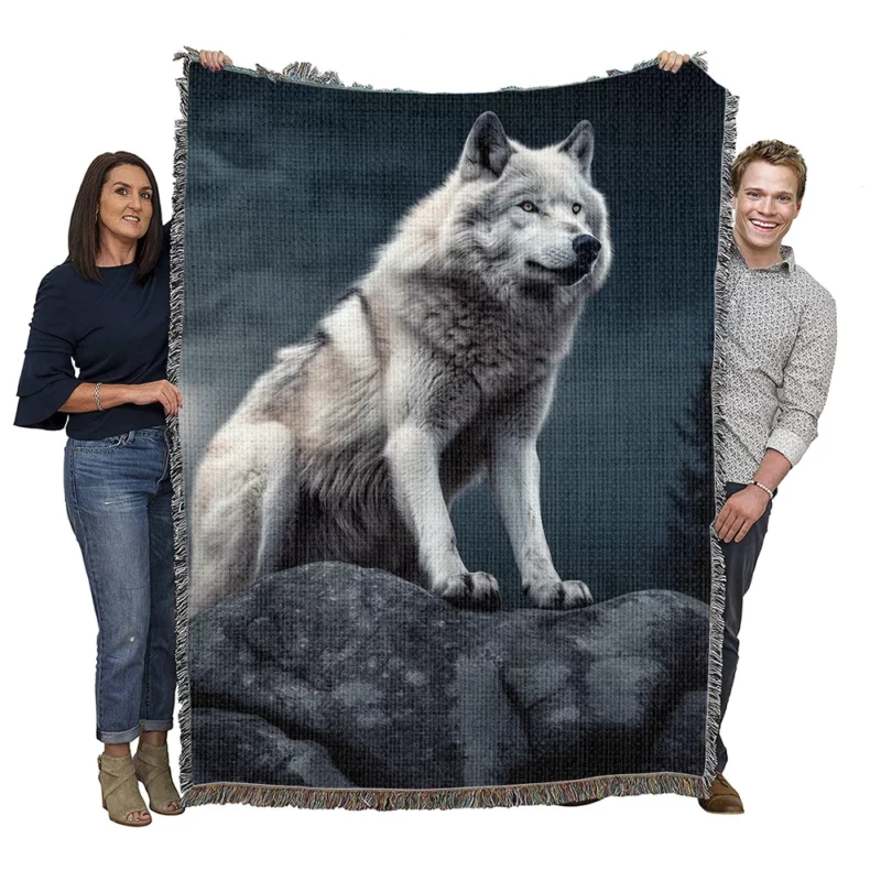 Grey Wolf Howling at Moon Woven Blanket