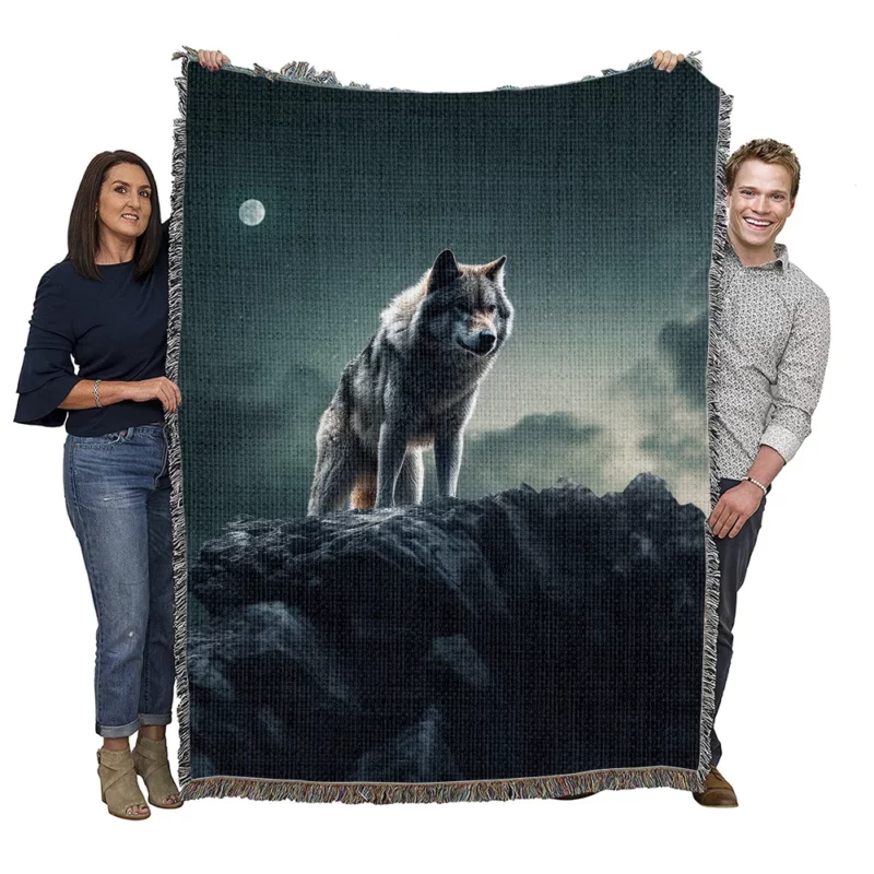 Grey Wolf Howling at Moonlight Woven Blanket