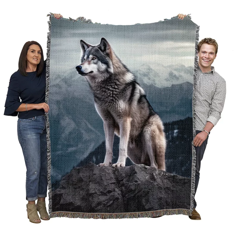 Grey Wolf Under Full Moon Woven Blanket