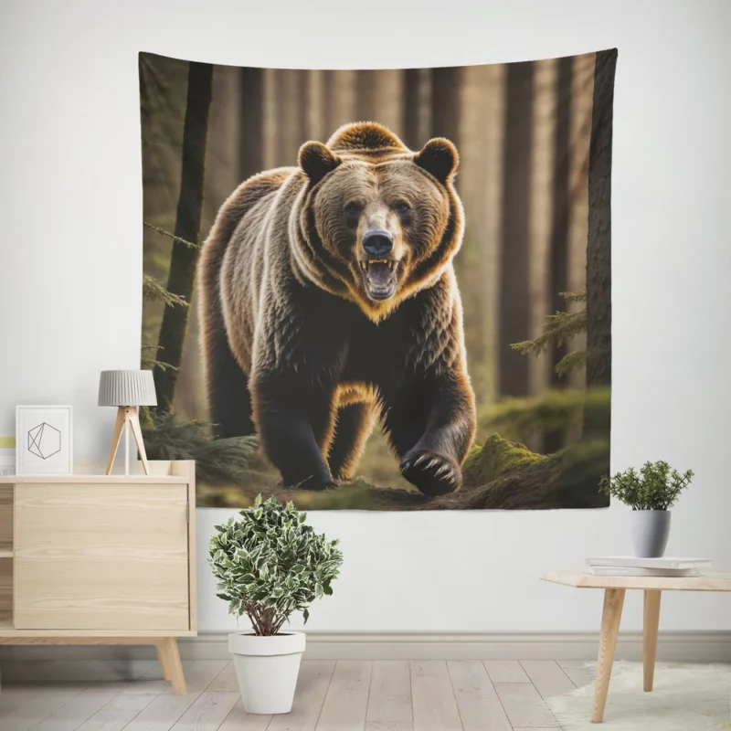 Grizzly Running Through the Jungle Wall Tapestry