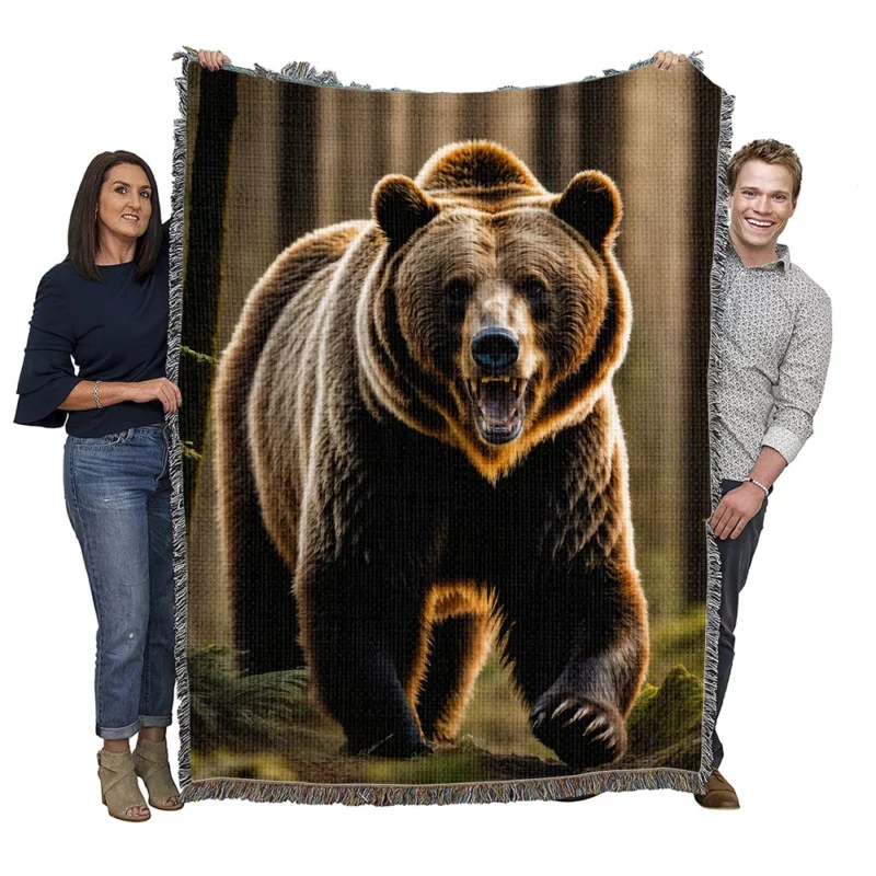Grizzly Running Through the Jungle Woven Blanket