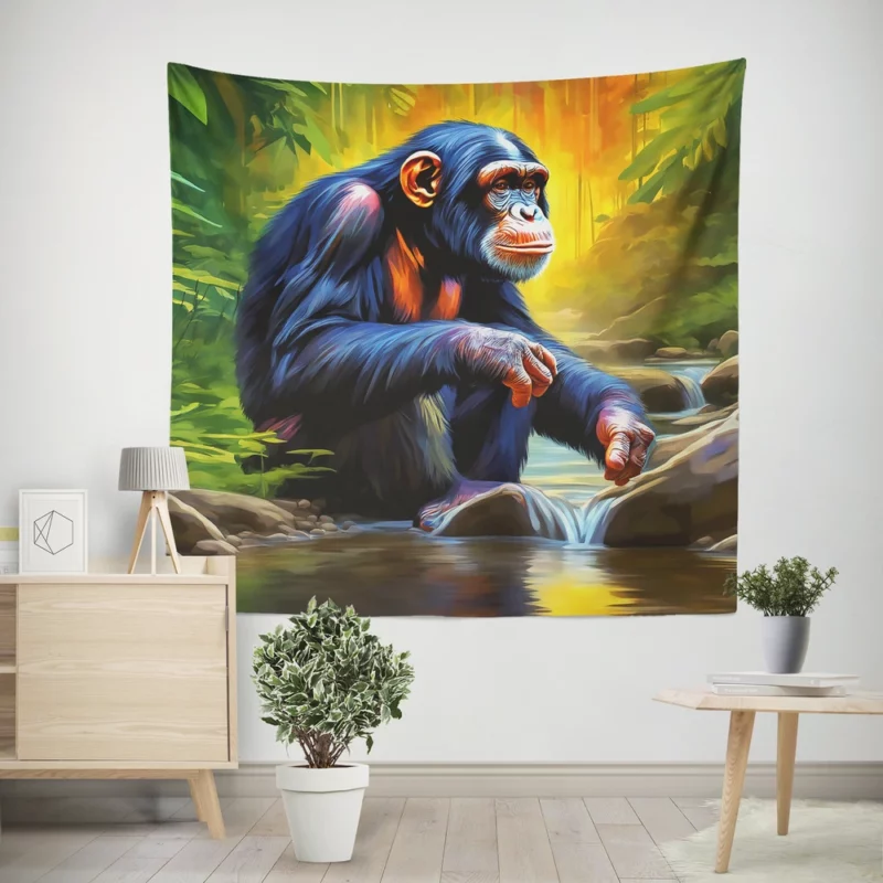 Happy Chimpanzee by the Water Wall Tapestry