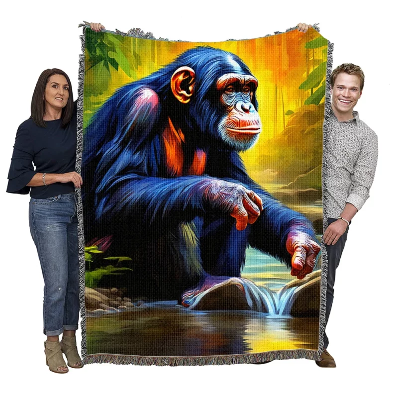 Happy Chimpanzee by the Water Woven Blanket