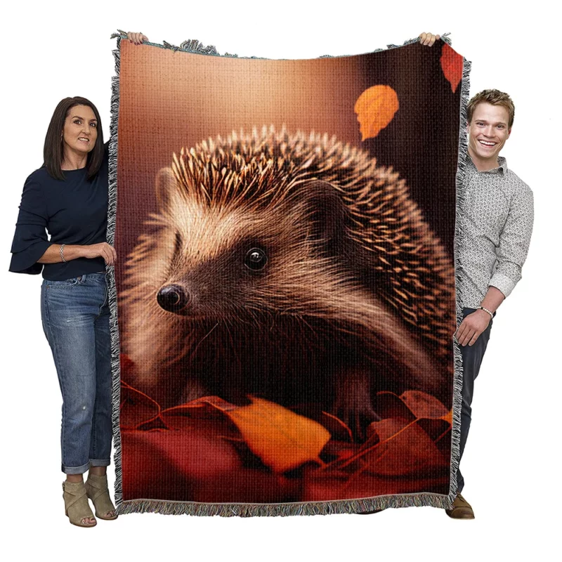 Hedgehog in Autumn Forest Woven Blanket
