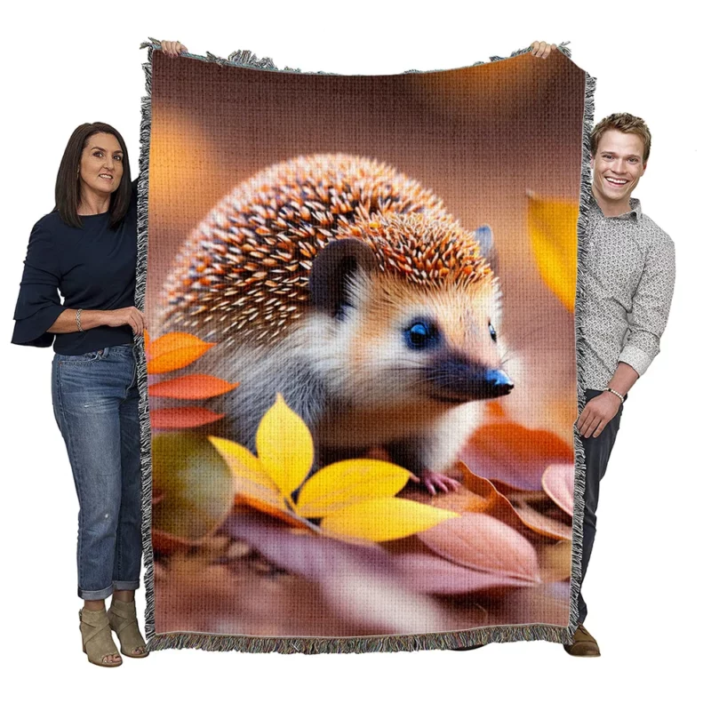 Hedgehog in Autumn Leaves Woven Blanket