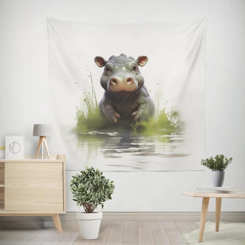 Hippo Lounging in Water Wall Tapestry