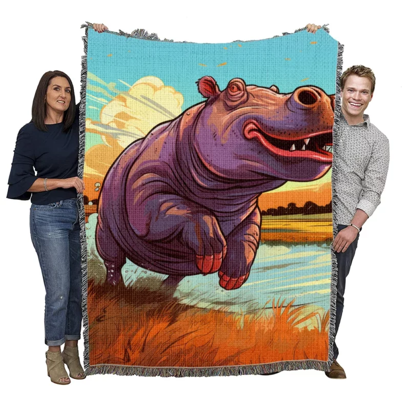 Hippo Sprinting Through Exotic Lands Woven Blanket