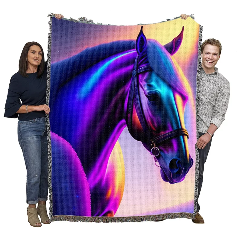 Horse With Blue Artwork Woven Blanket