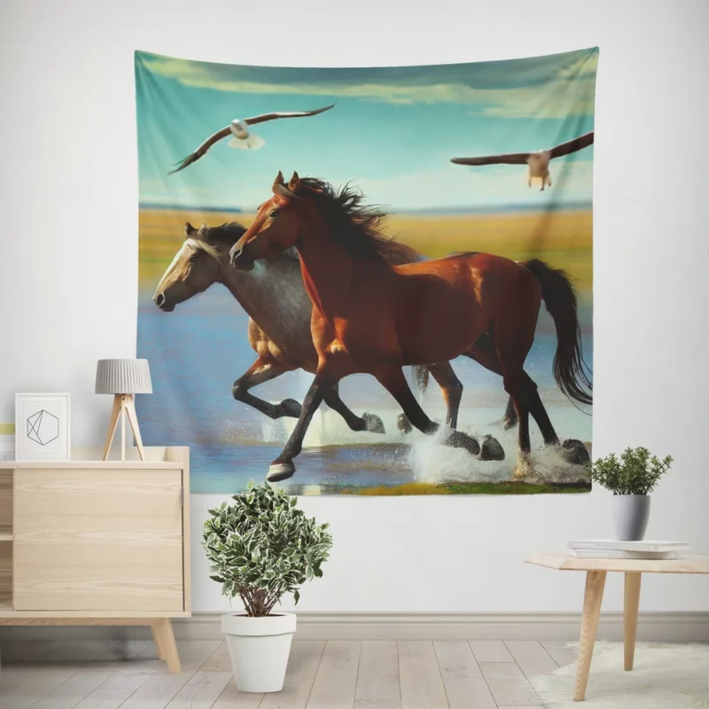 Horses Running by Lakes Wall Tapestry
