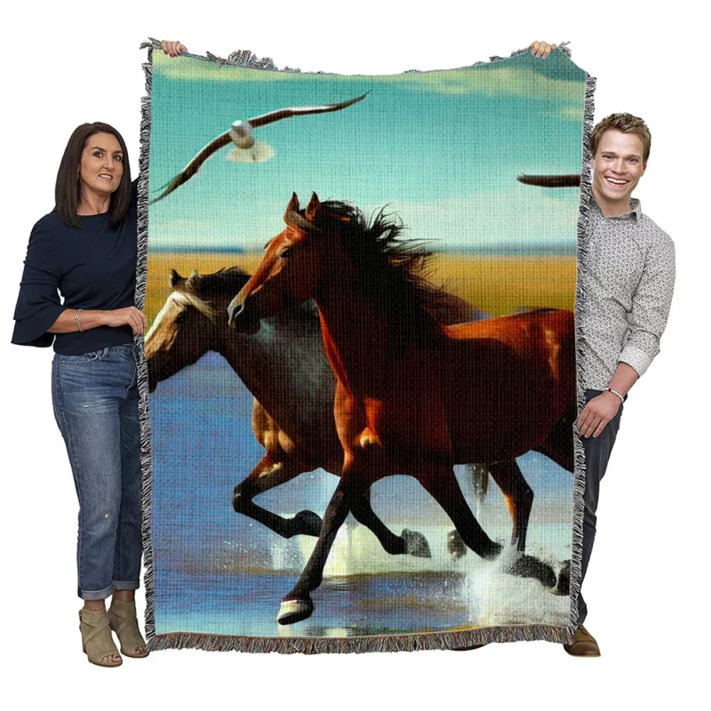 Horses Running by Lakes Woven Blanket