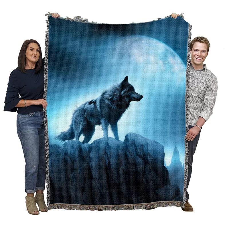 Howling Wolf in Moonlit Mountain Night Woven Blanket