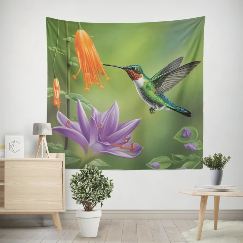 Hummingbird Feeding From Flower Wall Tapestry
