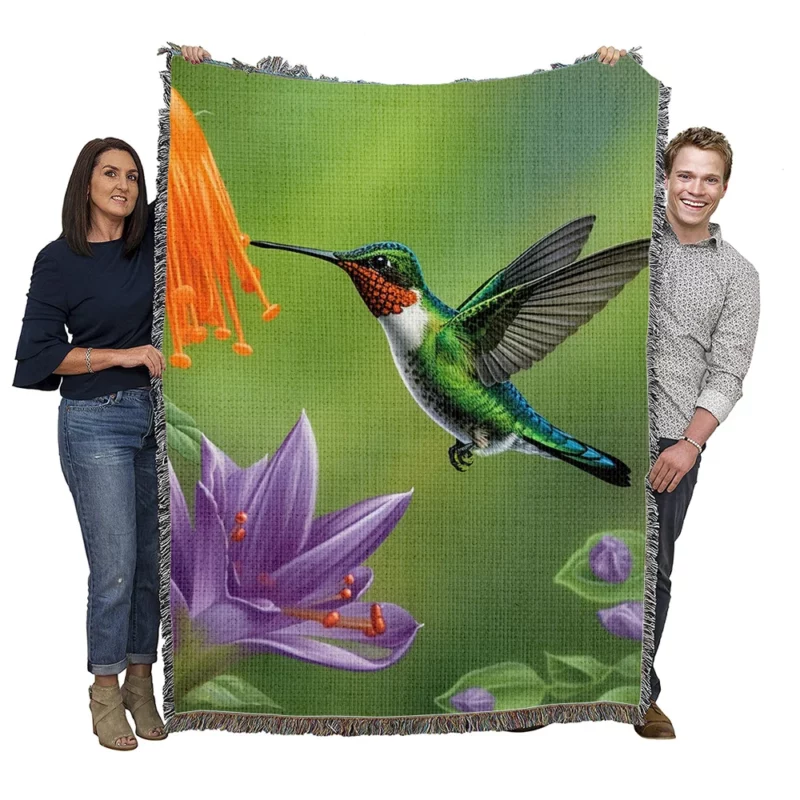 Hummingbird Feeding From Flower Woven Blanket