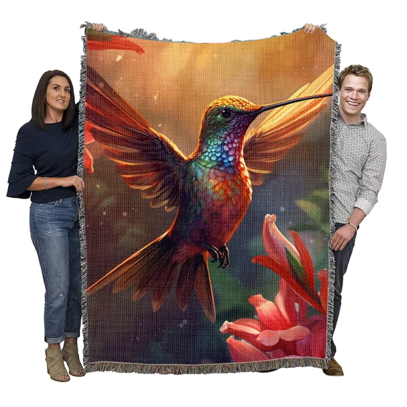 Hummingbird With Pink Flowers Woven Blanket