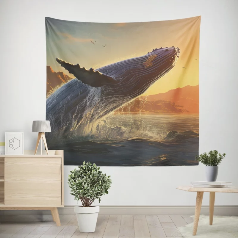 Humpback Whale Jumping from Ocean Wall Tapestry