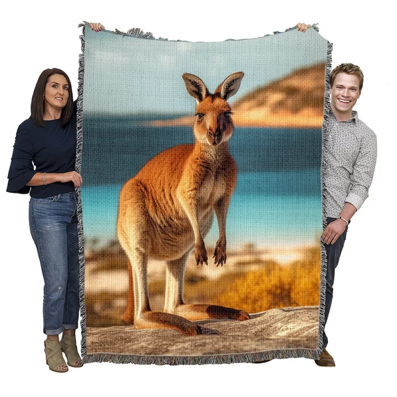 Kangaroo on Australian Beach Woven Blanket