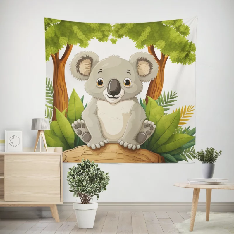 Koala Bear Cartoon on White Wall Tapestry