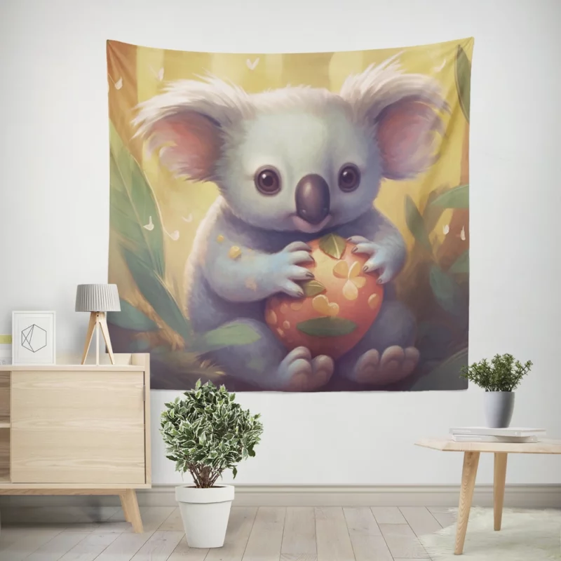 Koala Holding Heart Object Wall Tapestry