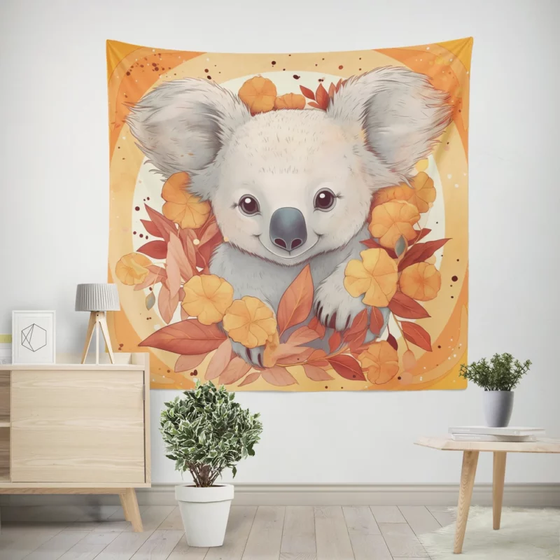 Koala Surrounded by Leaves Wall Tapestry