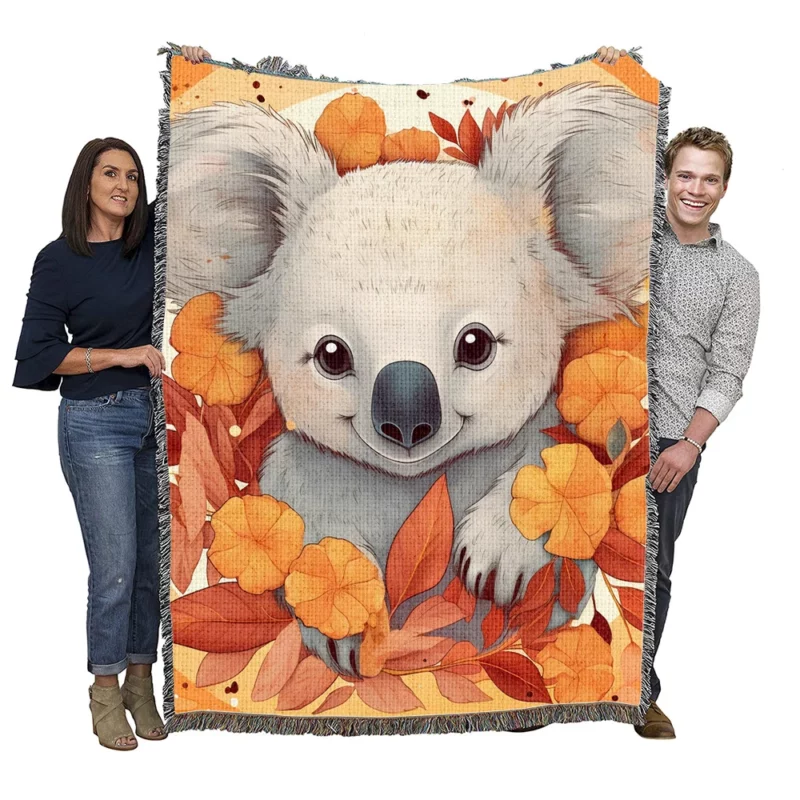 Koala Surrounded by Leaves Woven Blanket