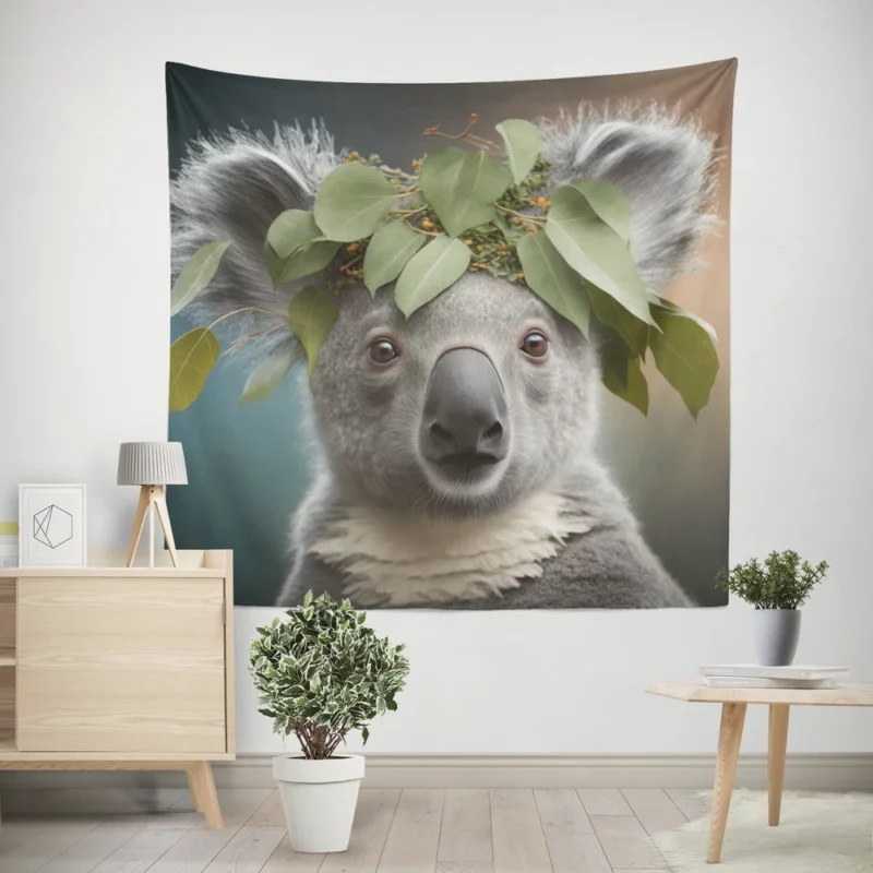 Koala With Leaves on Head Wall Tapestry