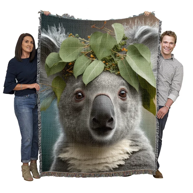 Koala With Leaves on Head Woven Blanket