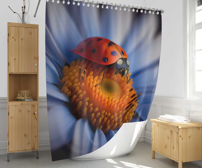 Ladybug on Blue Flower Shower Curtain 1