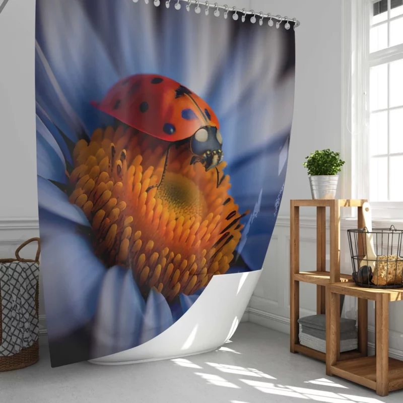 Ladybug on Blue Flower Shower Curtain