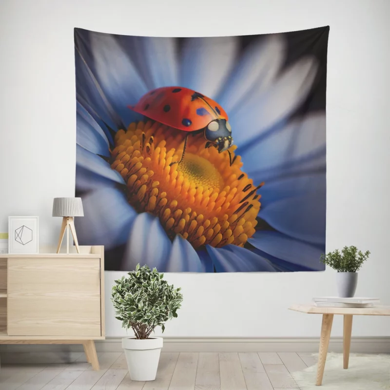 Ladybug on Blue Flower Wall Tapestry