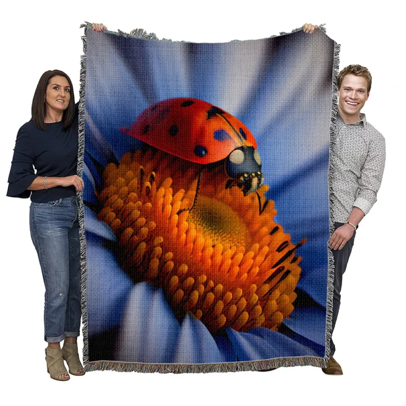 Ladybug on Blue Flower Woven Blanket