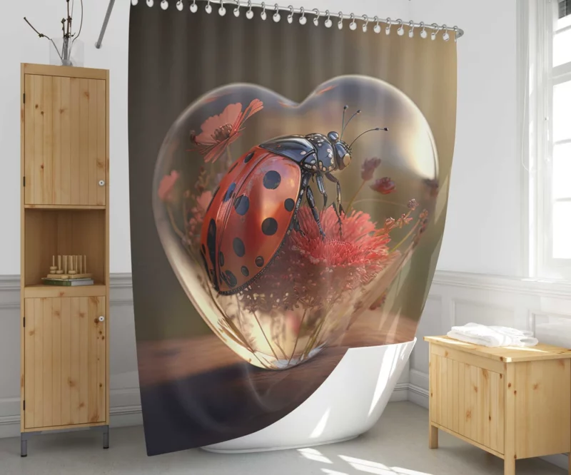 Ladybug on Heart Shaped Glass Shower Curtain 1