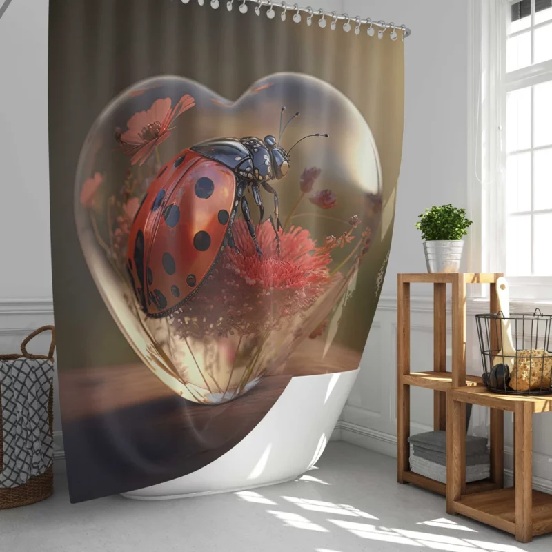 Ladybug on Heart Shaped Glass Shower Curtain