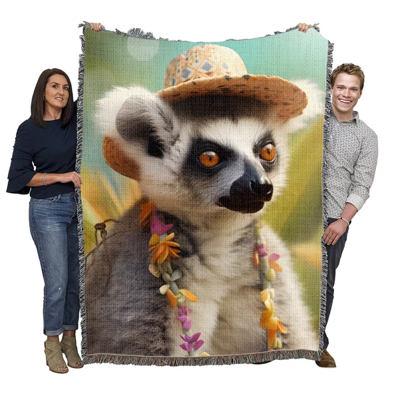 Lemur in Tropical Bloom Woven Blanket