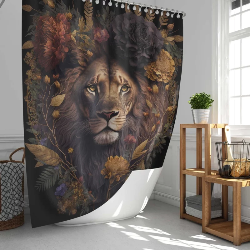 Lion Surrounded by Flowers Shower Curtain