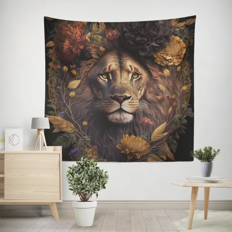 Lion Surrounded by Flowers Wall Tapestry