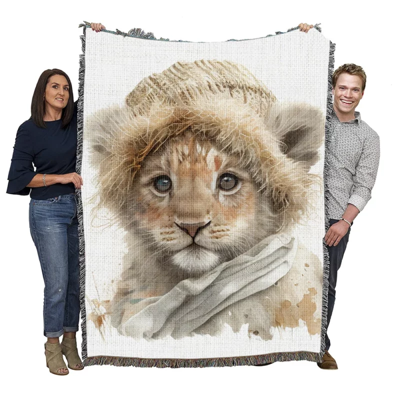 Lion in Winter Clothes Woven Blanket