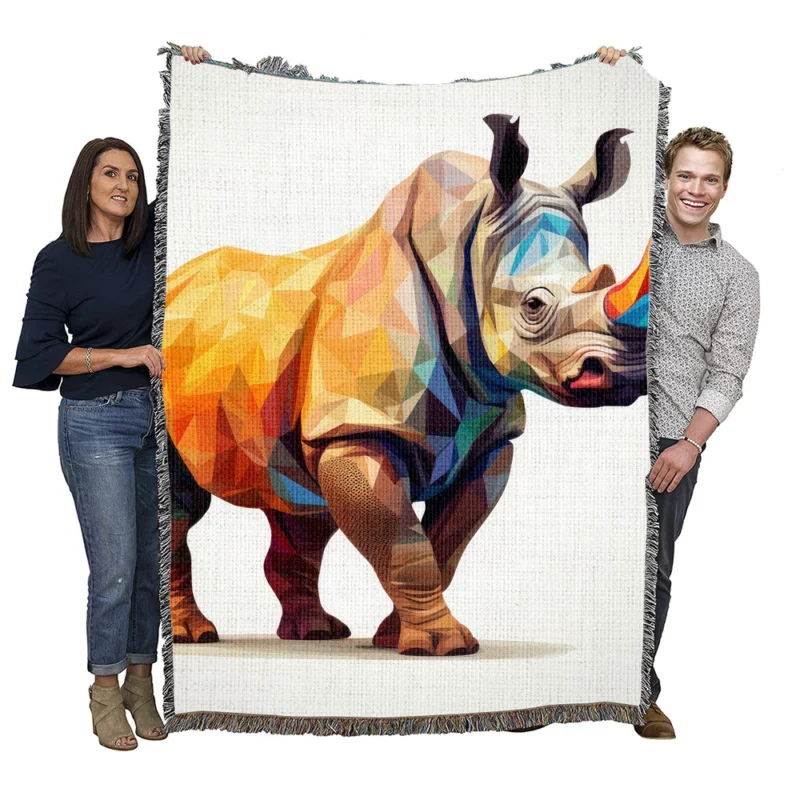 Low Poly Colorful Rhino Art Woven Blanket