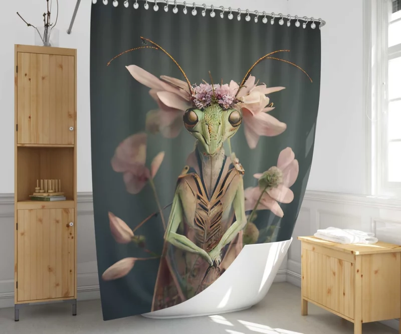 Mantis With Pastel Flowers Shower Curtain 1