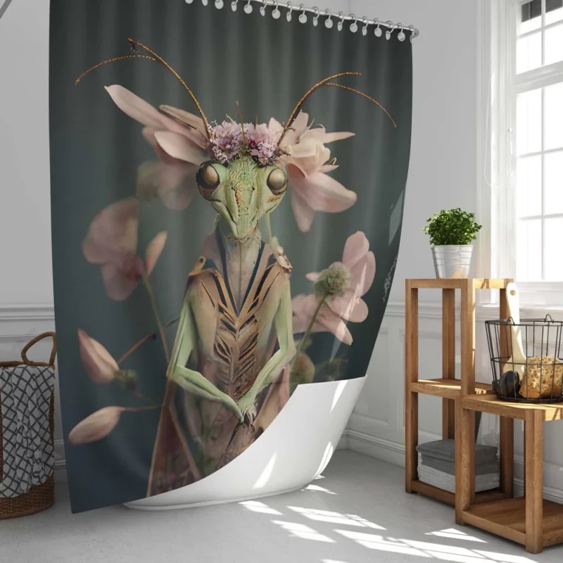 Mantis With Pastel Flowers Shower Curtain