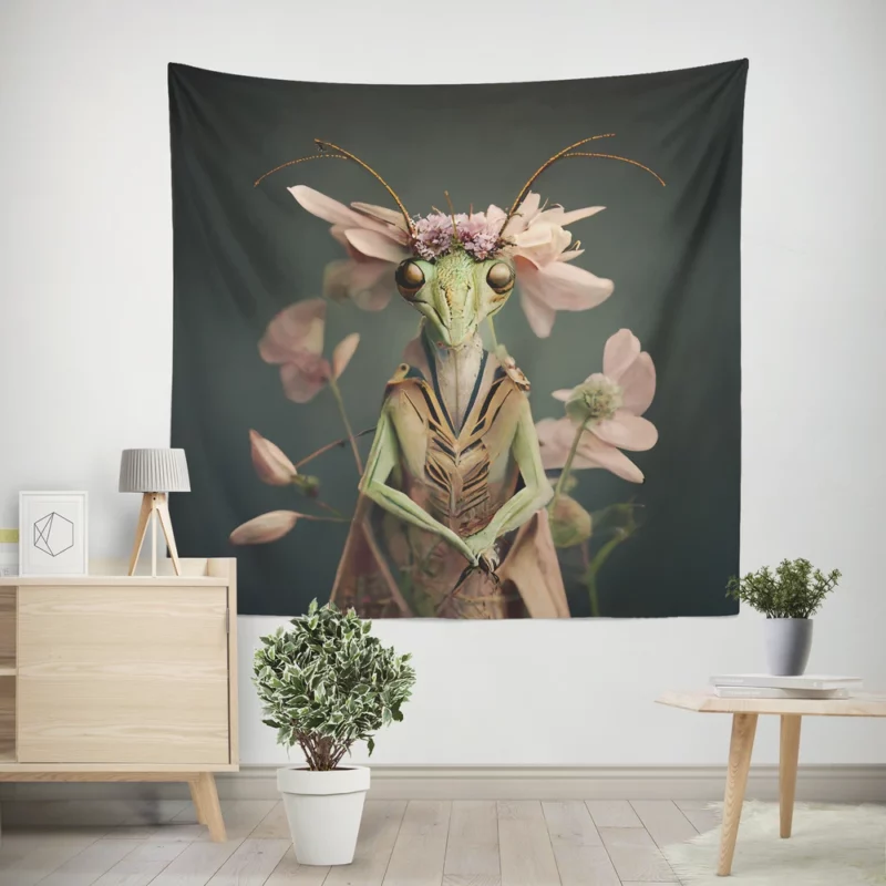 Mantis With Pastel Flowers Wall Tapestry