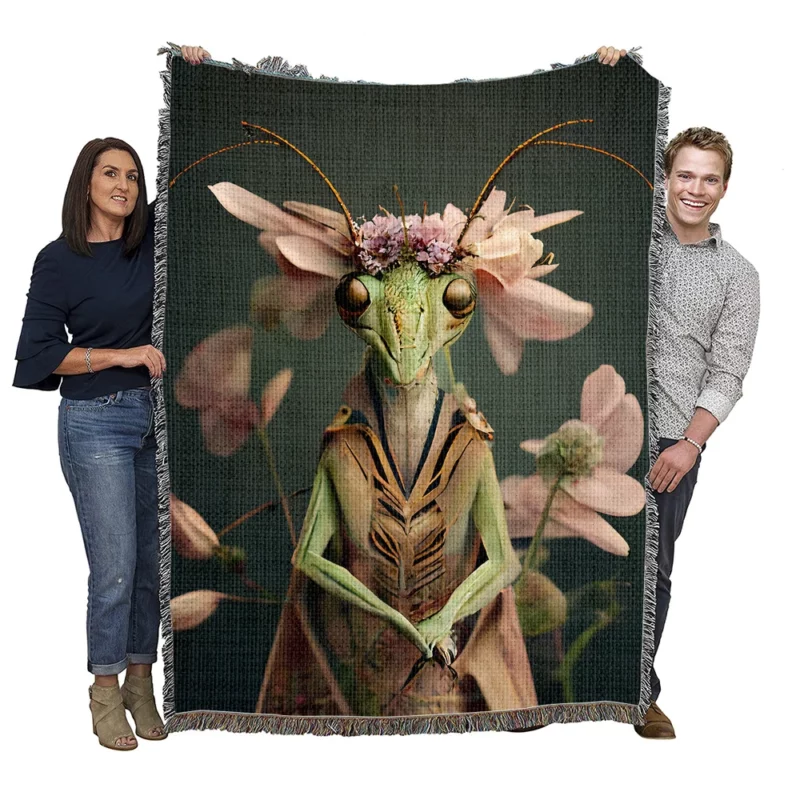 Mantis With Pastel Flowers Woven Blanket